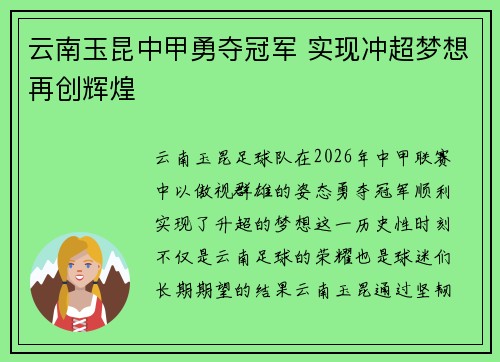 云南玉昆中甲勇夺冠军 实现冲超梦想再创辉煌 云南玉昆中甲勇夺冠军 实现冲超梦想再创辉煌