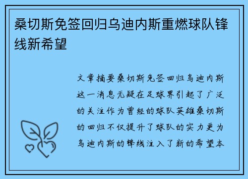 桑切斯免签回归乌迪内斯重燃球队锋线新希望