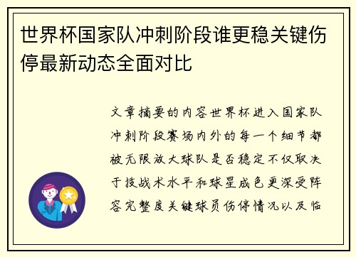 世界杯国家队冲刺阶段谁更稳关键伤停最新动态全面对比 世界杯国家队冲刺阶段谁更稳关键伤停最新动态全面对比